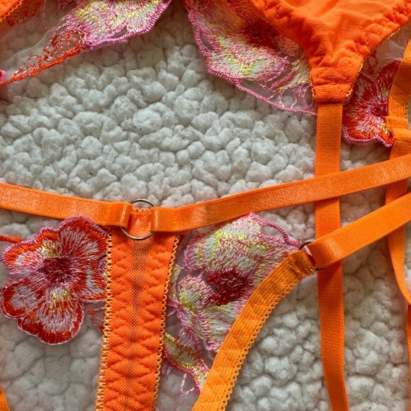 neon orange floral 3 piece lingerie set - Picture 9 of 9